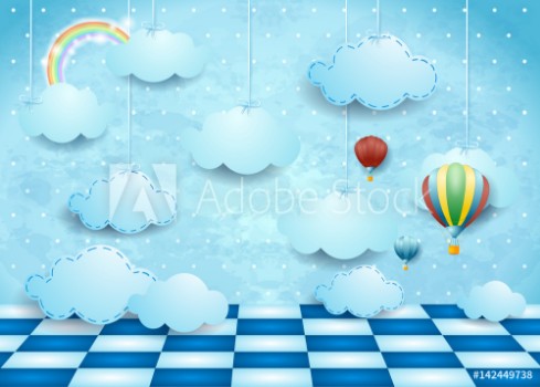 Bild på Surreal landscape with hanging clouds balloons and floor